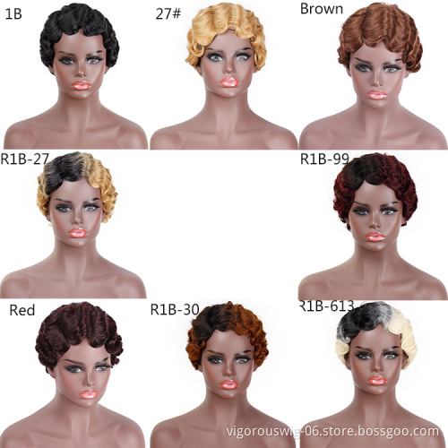 Vigorous Short Finger Wave Curly Wigs for Black Women African American Synthetic Retro Hair Wig Heat Resistant Fiber